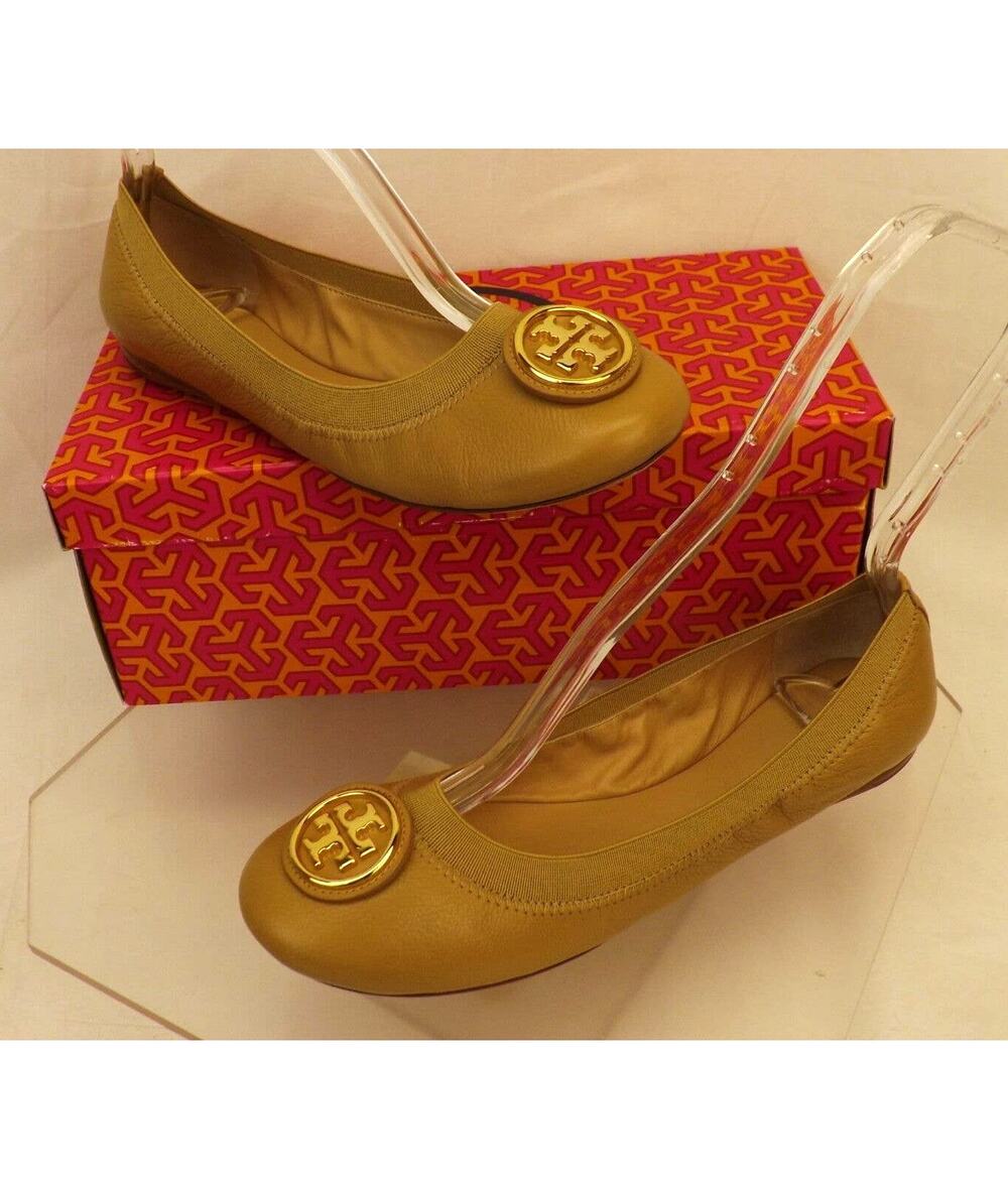 NIB TORY BURCH CAROLINE 2 DARK SAND LEATHER GOLD REVA NELLIE BALLET FLATS 7.5